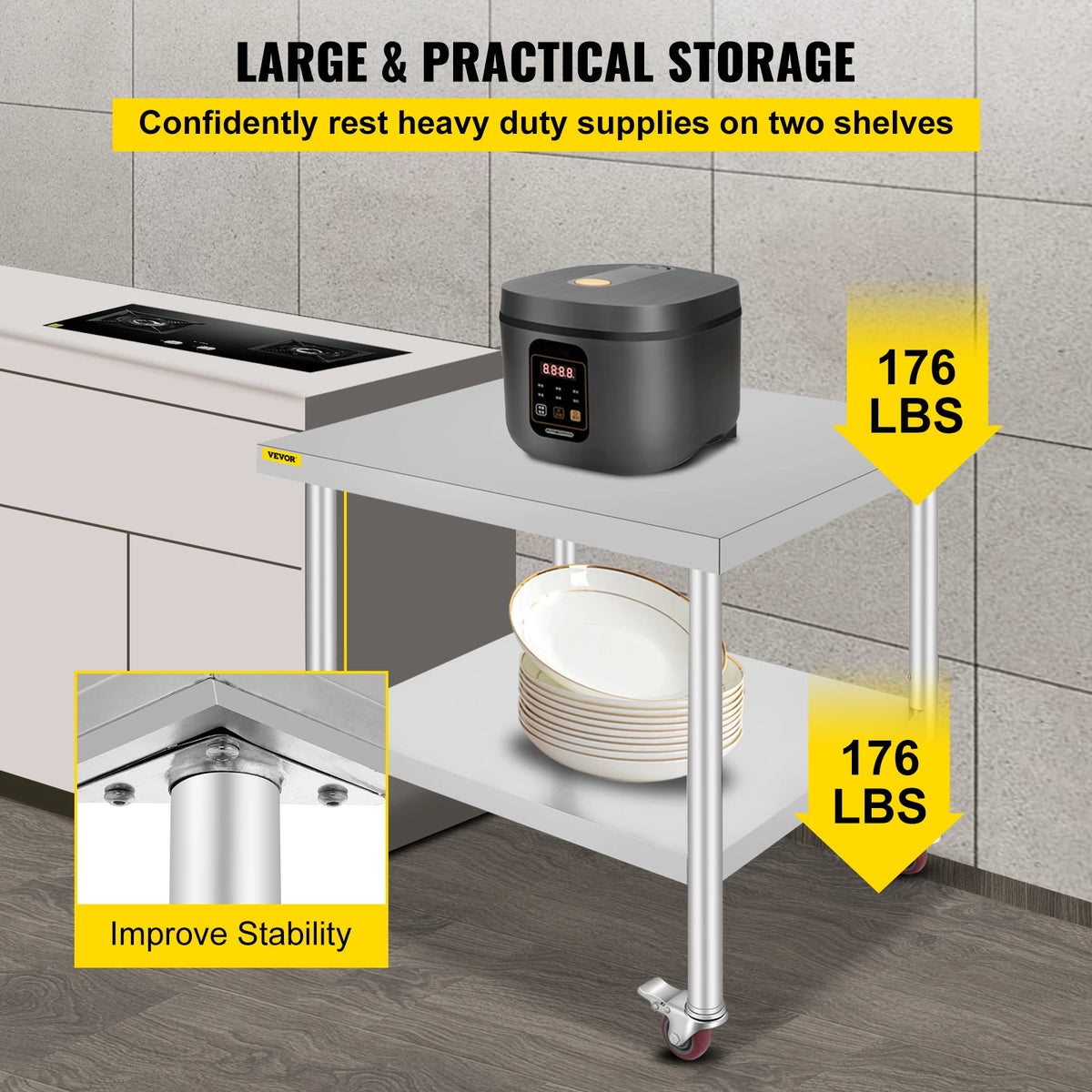 SucceBuy Stainless Steel Kitchen Prep Table With Backsplash And Casters