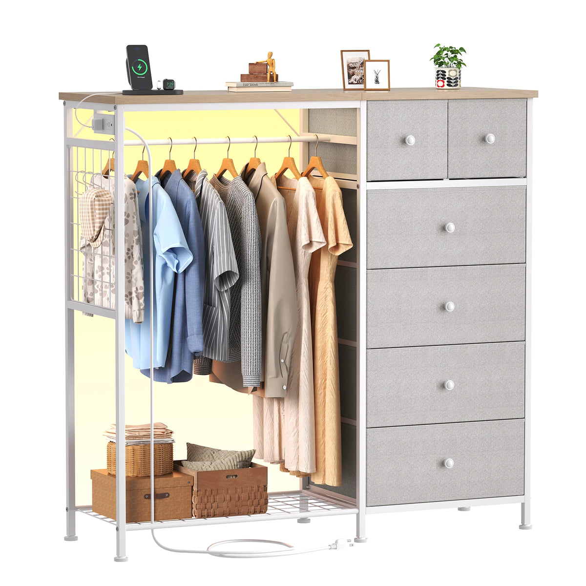 JHK Fabric Dresser With Rack Charging Station And LED Lights
