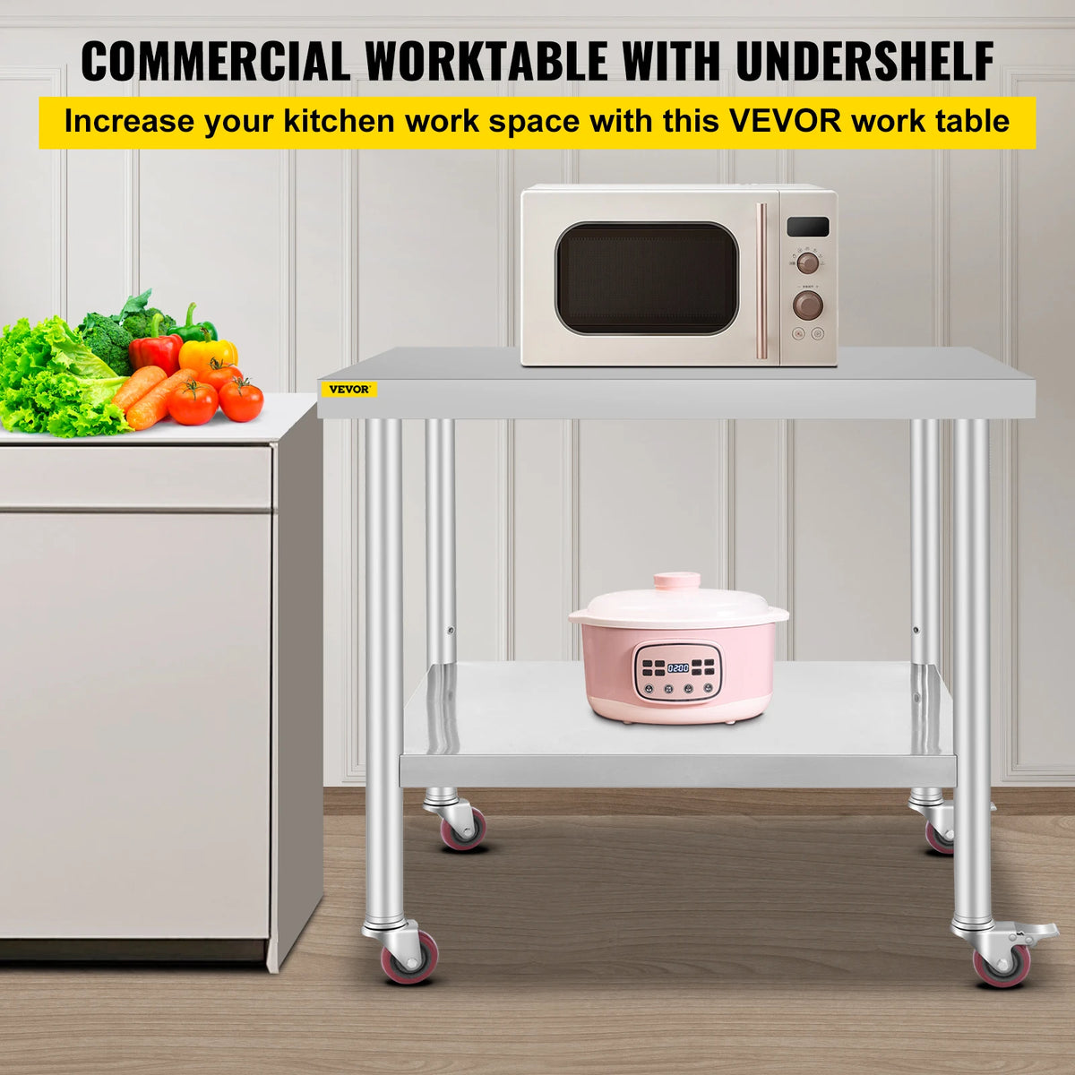 SucceBuy Stainless Steel Kitchen Prep Table With Backsplash And Casters
