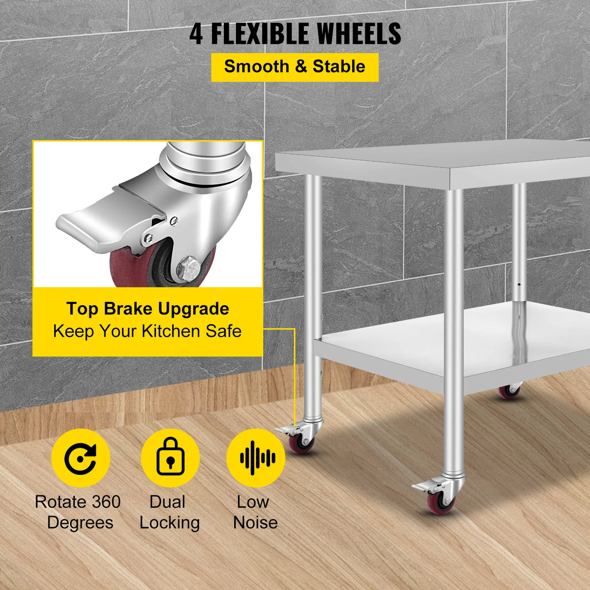 SucceBuy Stainless Steel Kitchen Prep Table With Backsplash And Casters