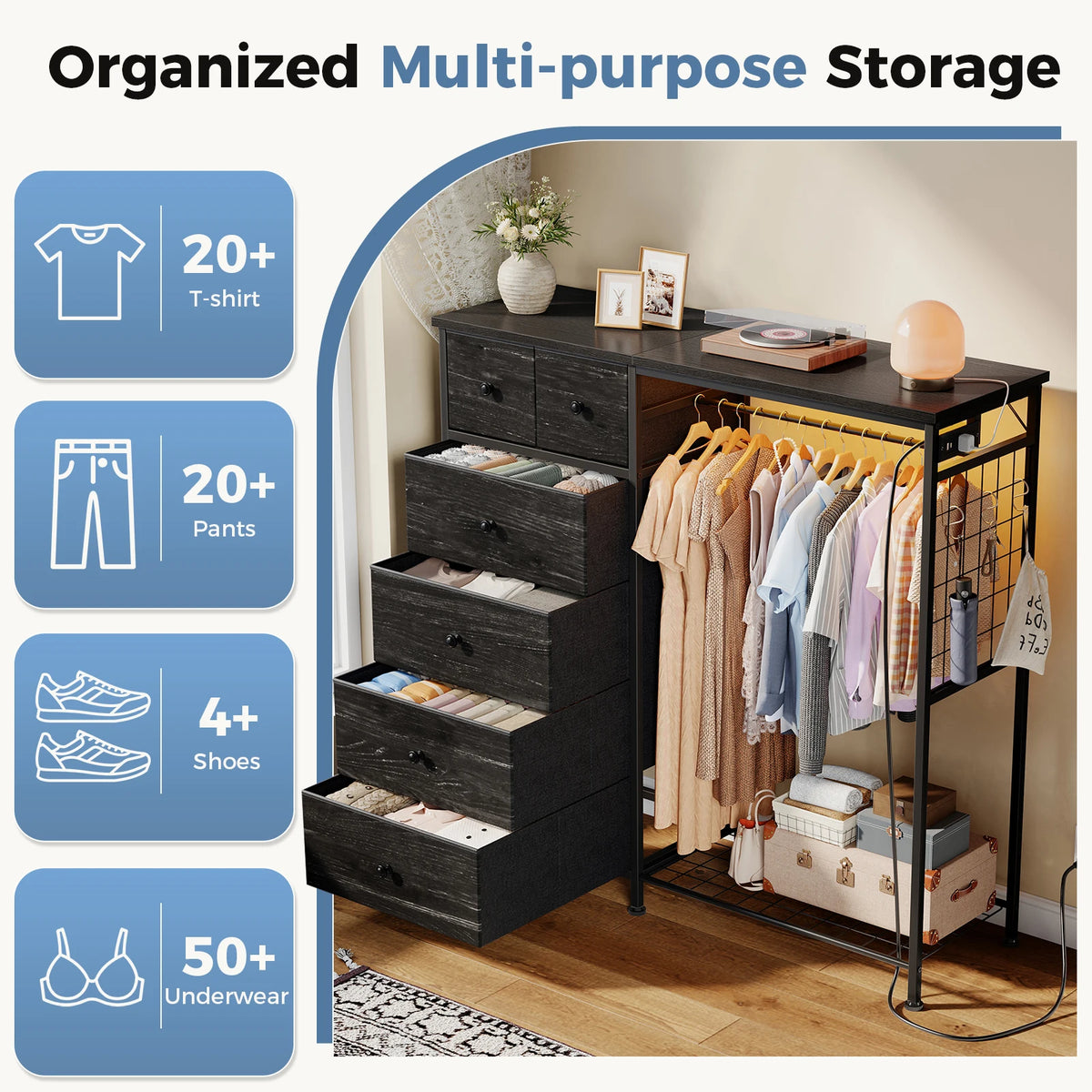JHK Fabric Dresser With Rack Charging Station And LED Lights