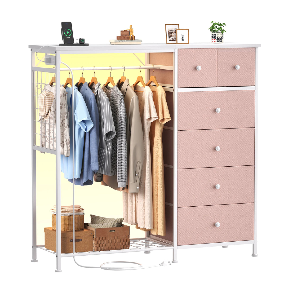 JHK Fabric Dresser With Rack Charging Station And LED Lights