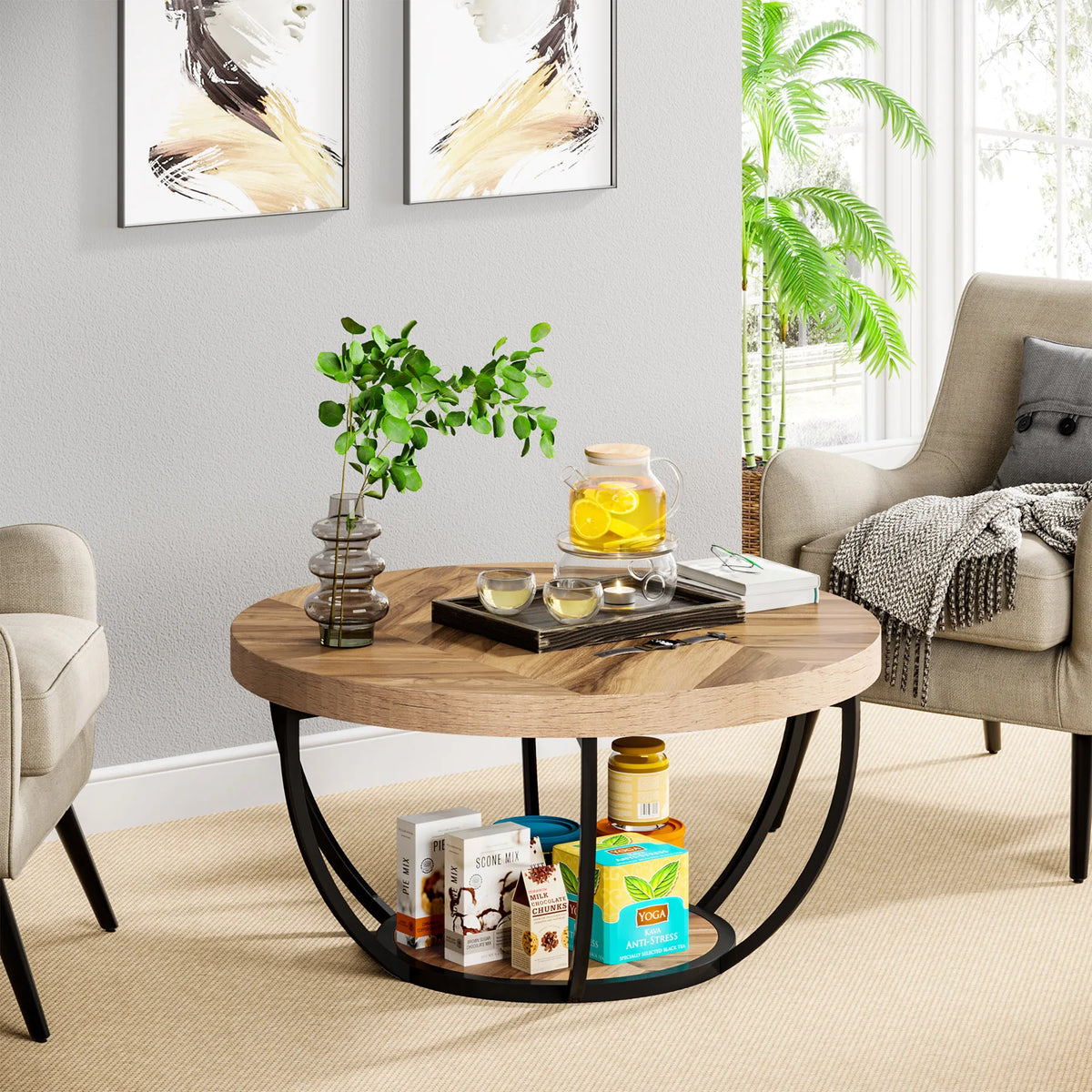 Tribesigns Round Industrial Coffee Table With Two Tier Storage Shelves