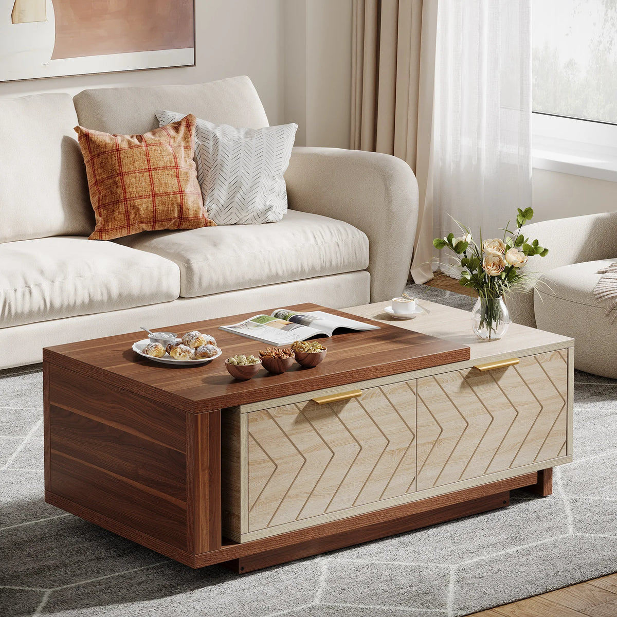 Tribesigns Extendable Reversible Wood Coffee Table With Two Storage Drawers