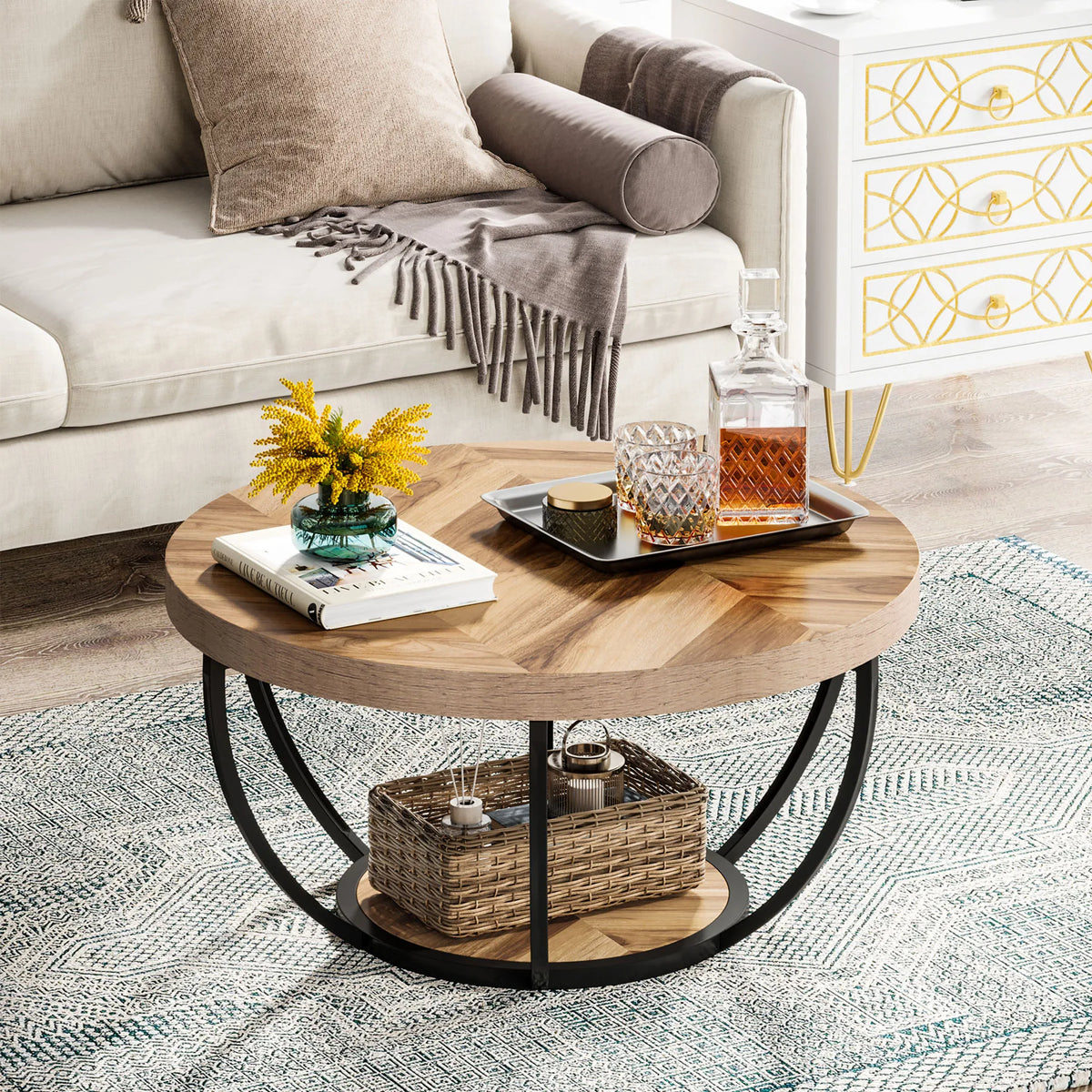 Tribesigns Round Industrial Coffee Table With Two Tier Storage Shelves