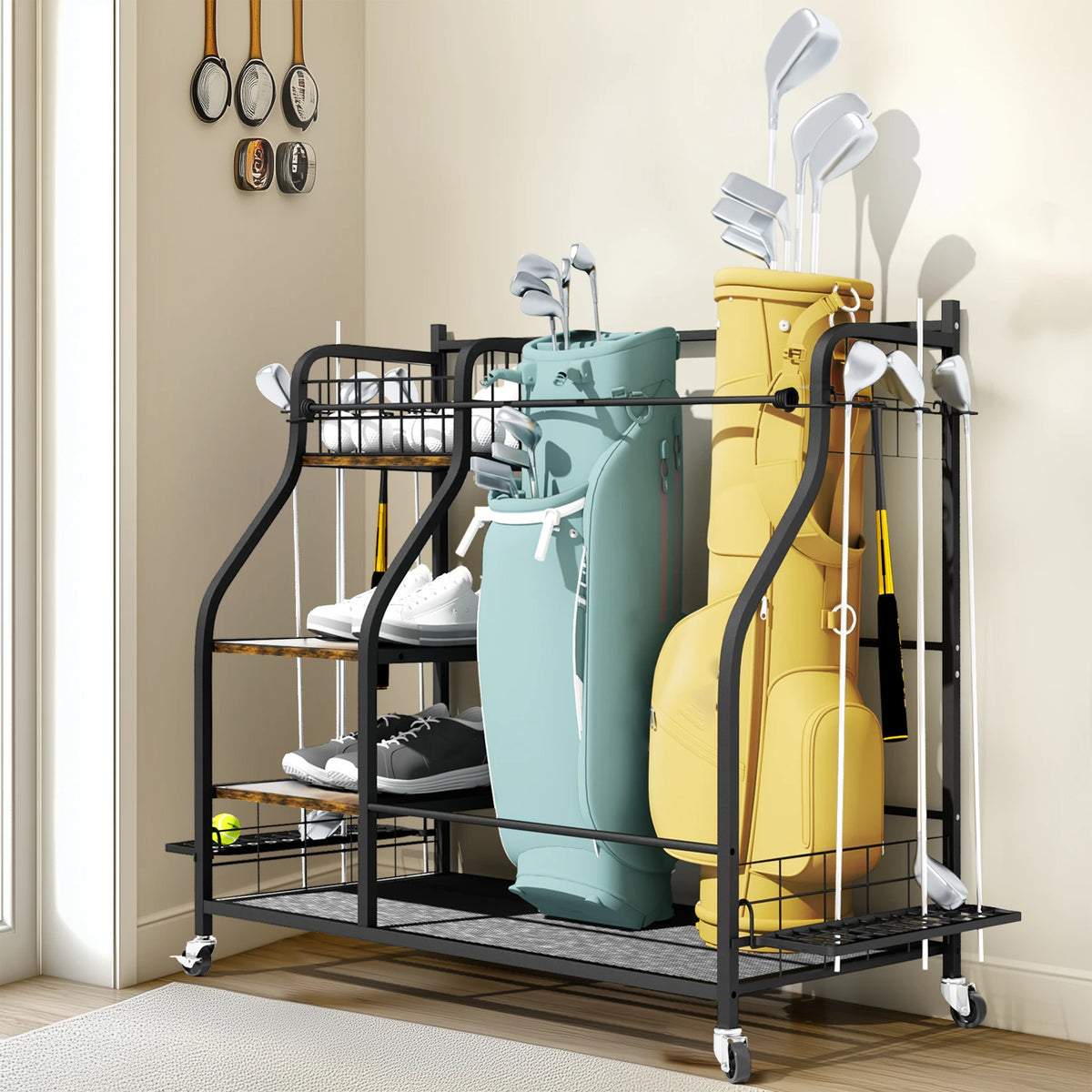 Rolling Metal Golf Bag Storage Organizer Rack with Rotatable Wheels