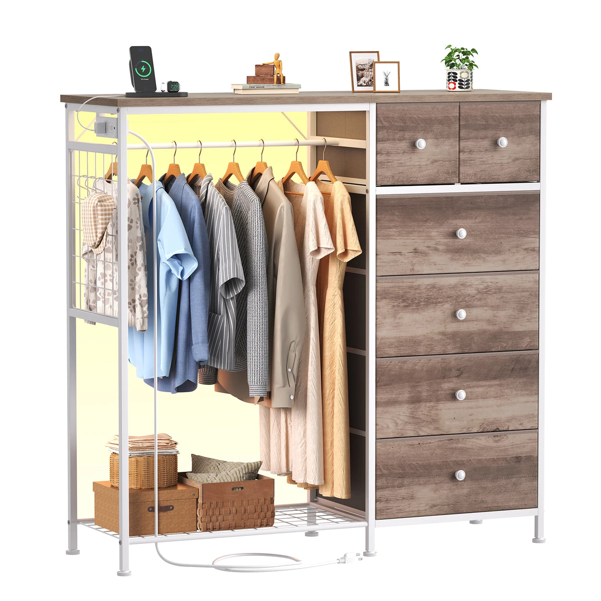JHK Fabric Dresser With Rack Charging Station And LED Lights