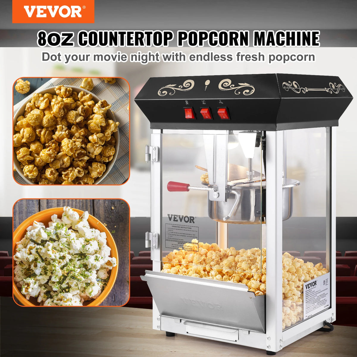 SucceBuy Commercial Countertop Popcorn Maker With Tempered Glass Display