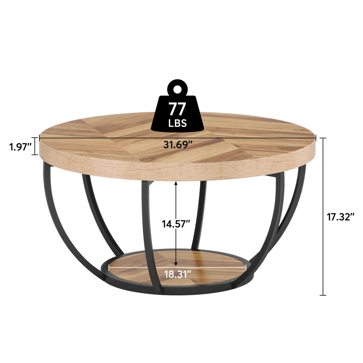 Tribesigns Round Industrial Coffee Table With Two Tier Storage Shelves