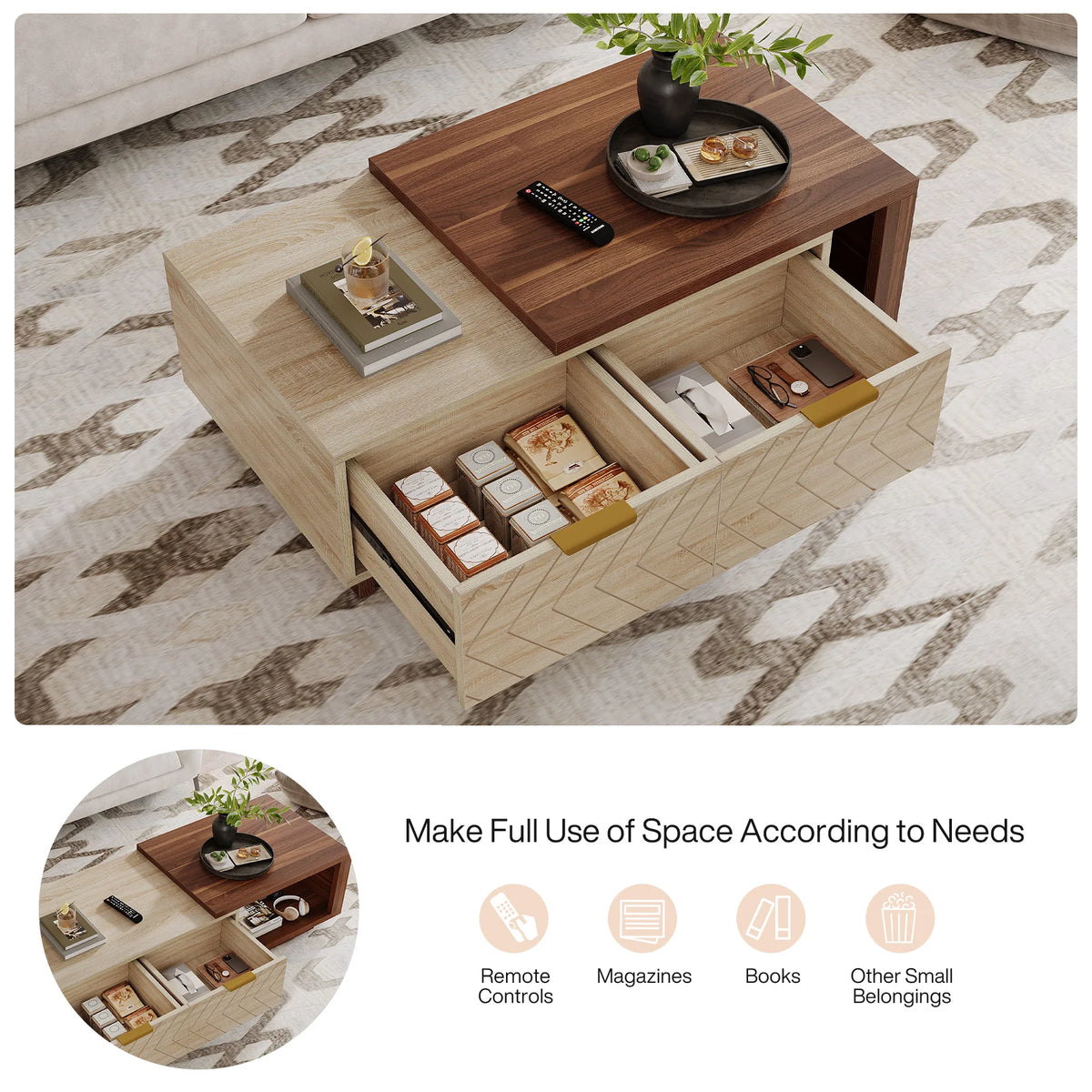 Tribesigns Extendable Reversible Wood Coffee Table With Two Storage Drawers
