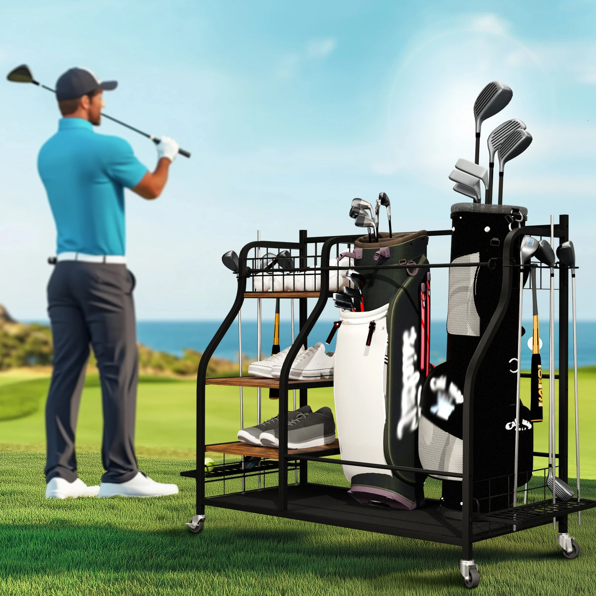 Rolling Metal Golf Bag Storage Organizer Rack with Rotatable Wheels