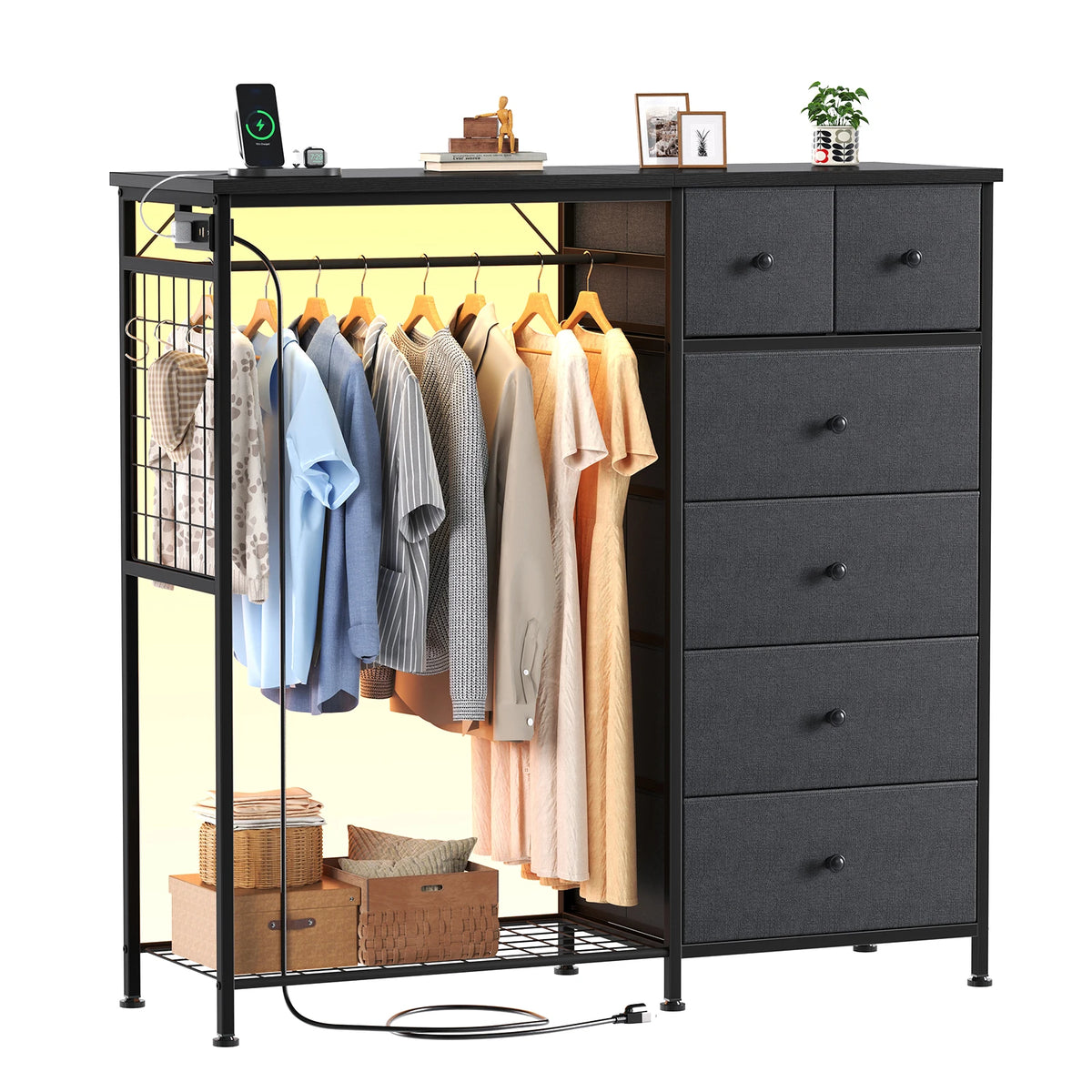 JHK Fabric Dresser With Rack Charging Station And LED Lights