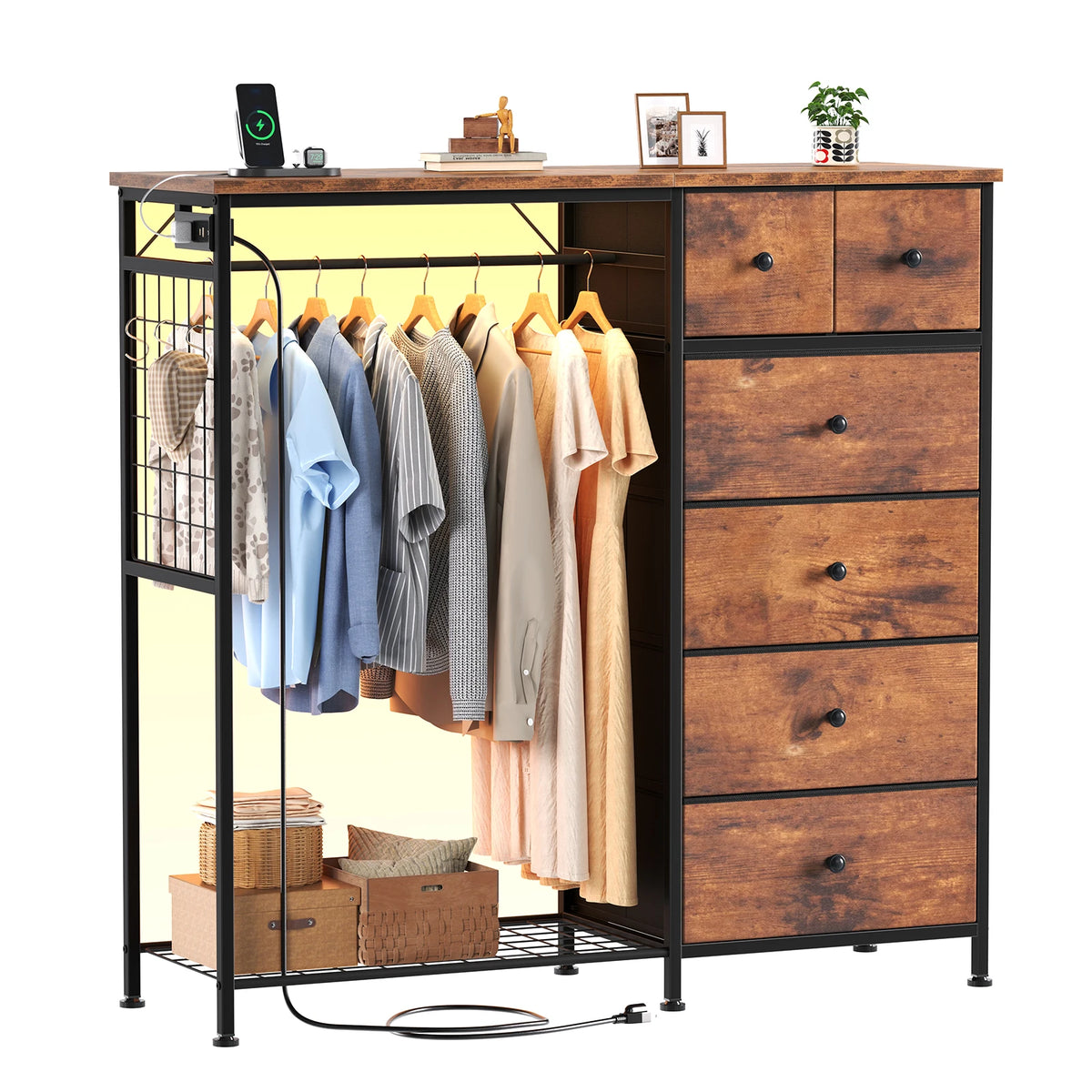JHK Fabric Dresser With Rack Charging Station And LED Lights