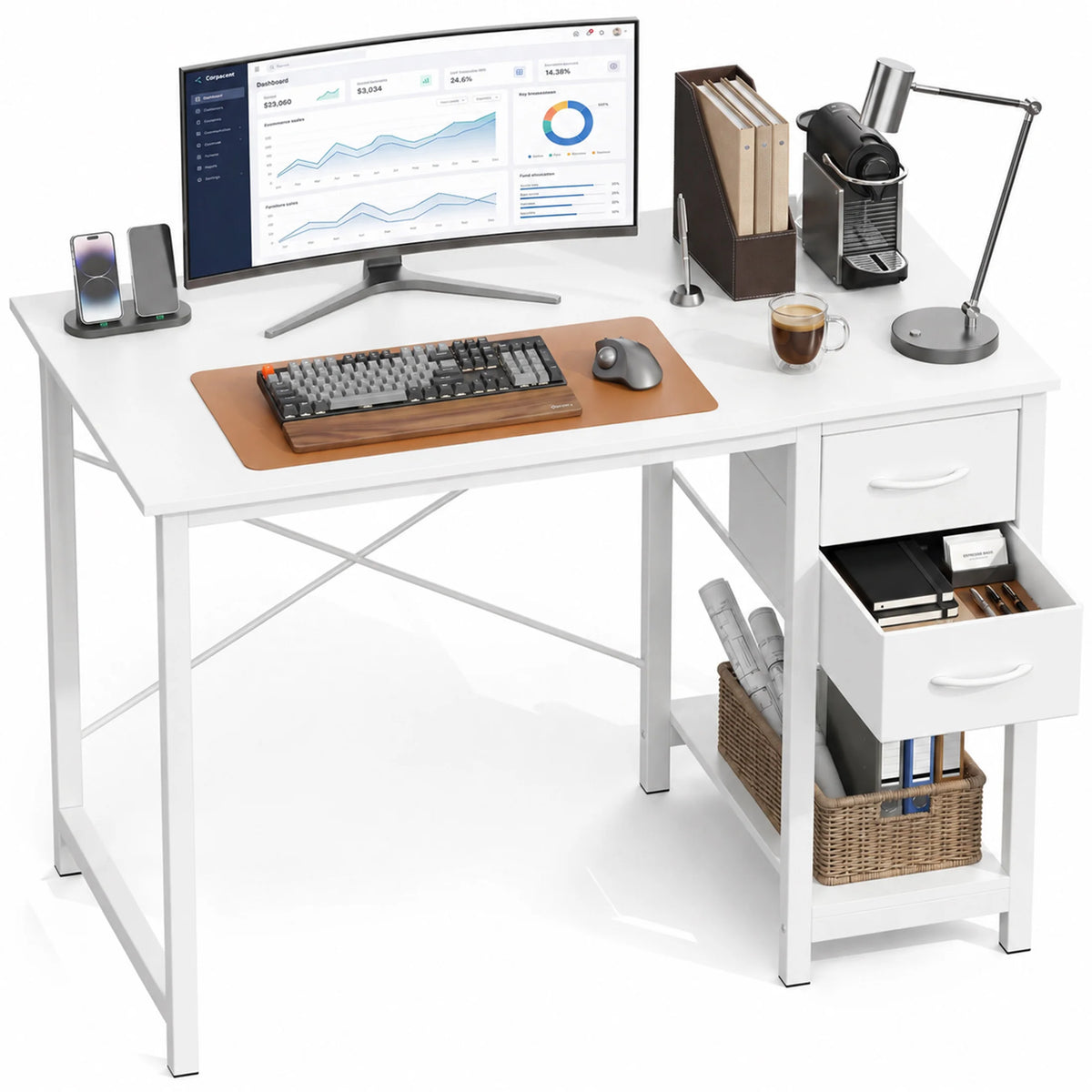 MCQ Standing Office Desk With Drawers, Storage And Side Hook