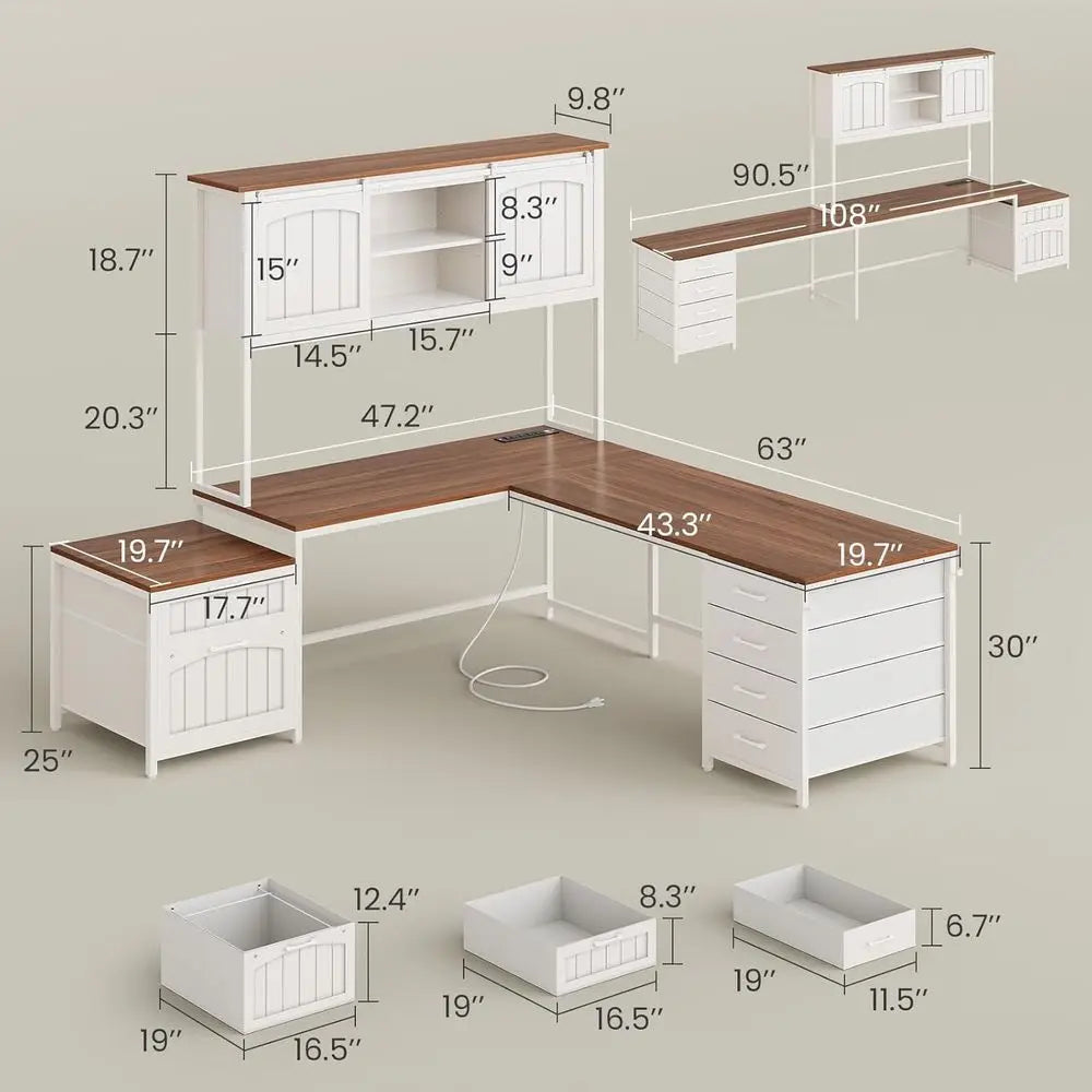 L Shaped Metal Reversible Computer Desk With Power Outlet