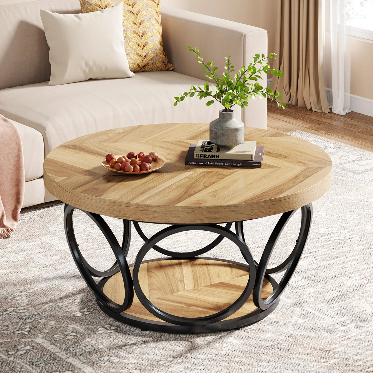 Tribesigns Round Industrial Coffee Table With Two Tier Storage Shelves