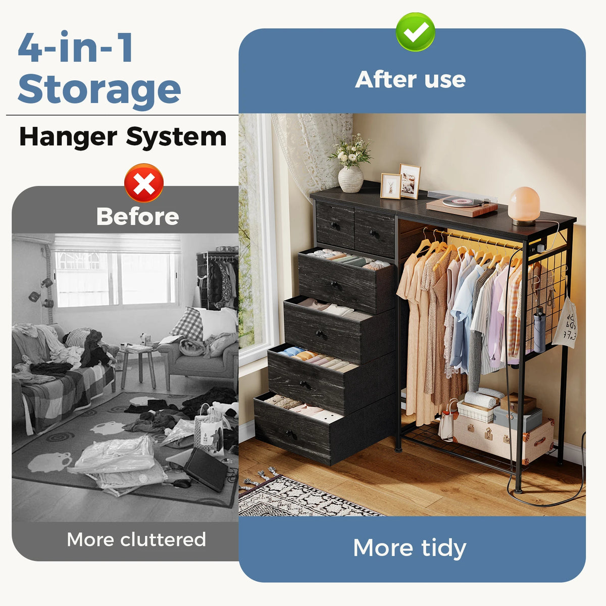 JHK Fabric Dresser With Rack Charging Station And LED Lights