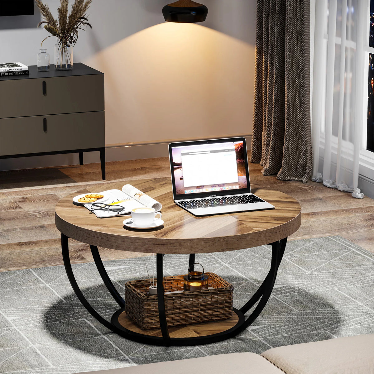 Tribesigns Round Industrial Coffee Table With Two Tier Storage Shelves
