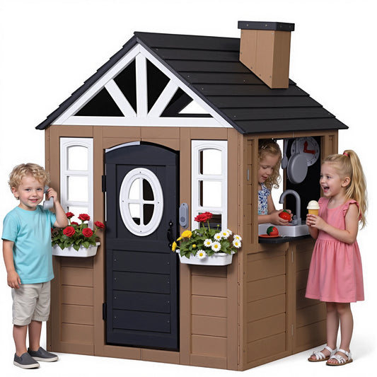 Kids Wooden Indoor Outdoor Playhouse Cottage With Kitchen Accessories