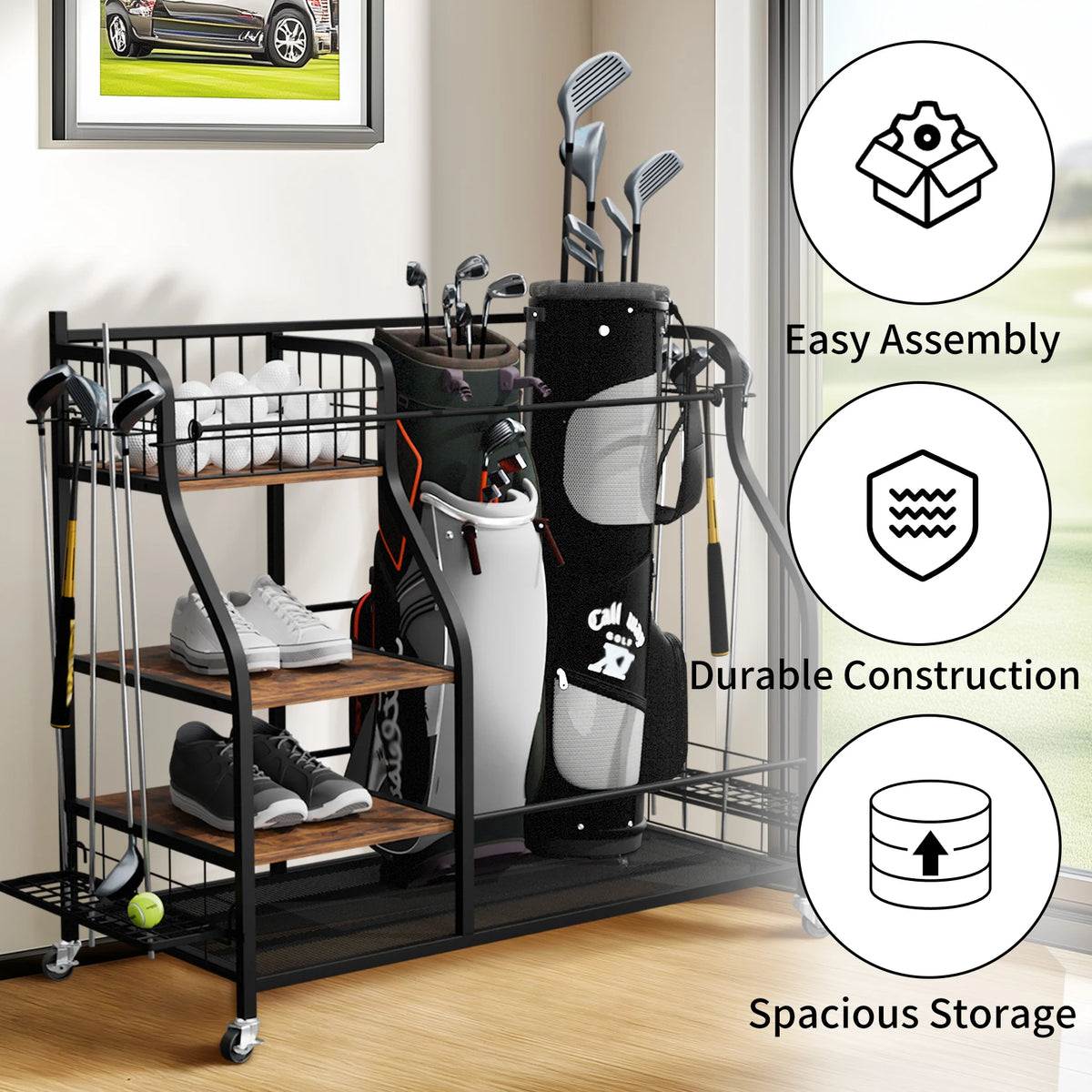 Rolling Metal Golf Bag Storage Organizer Rack with Rotatable Wheels