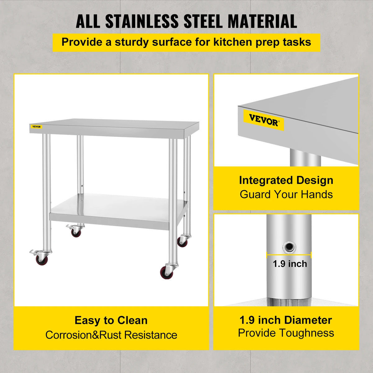 SucceBuy Stainless Steel Kitchen Prep Table With Backsplash And Casters