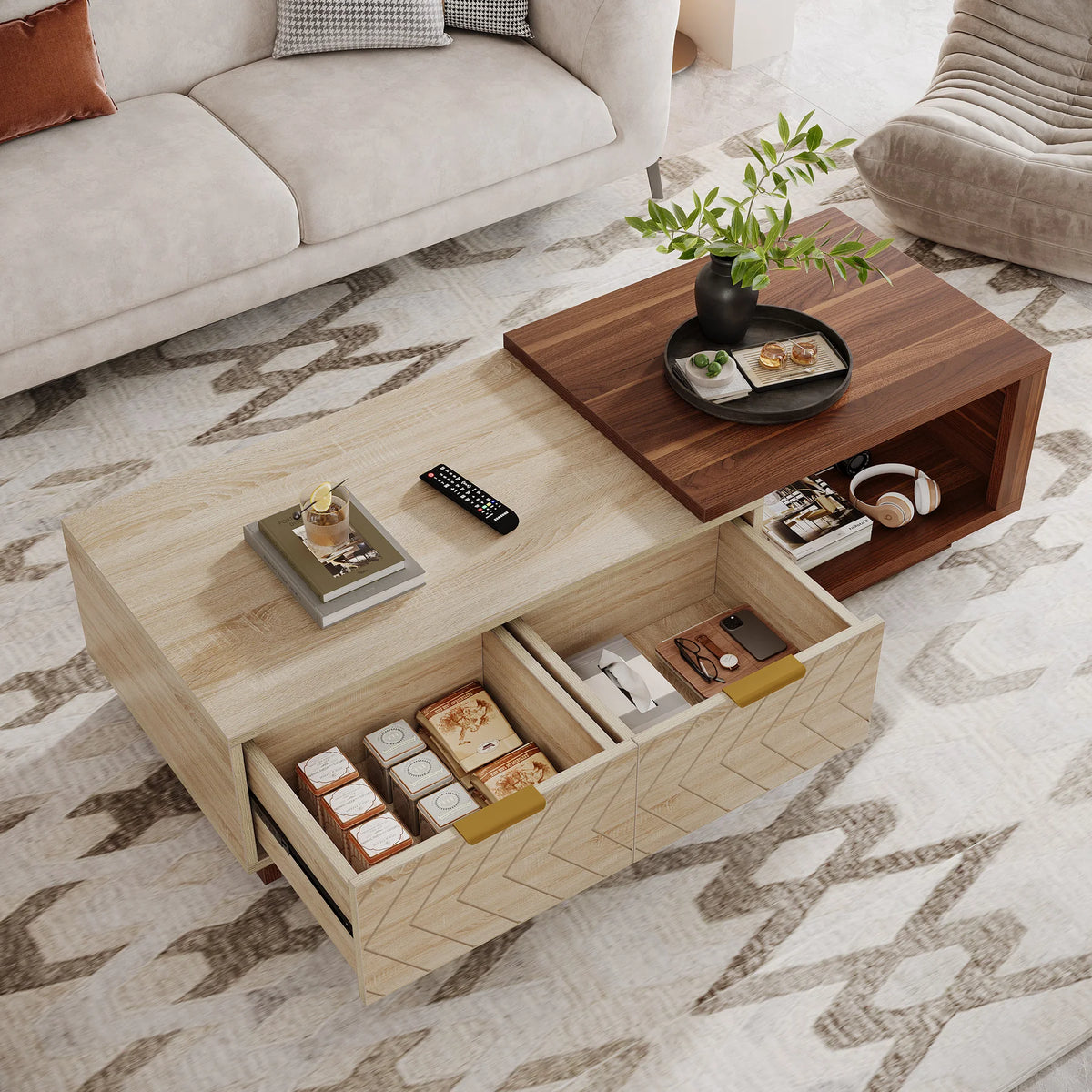 Tribesigns Extendable Reversible Wood Coffee Table With Two Storage Drawers
