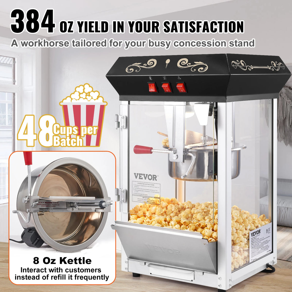 SucceBuy Commercial Countertop Popcorn Maker With Tempered Glass Display