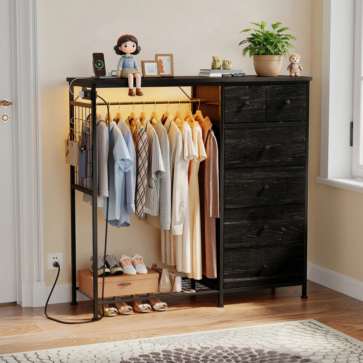 JHK Fabric Dresser With Rack Charging Station And LED Lights