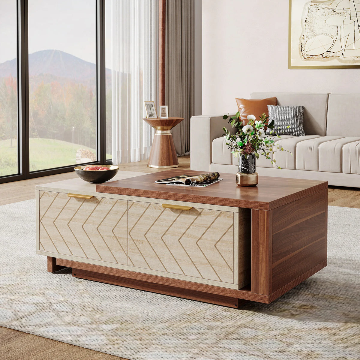 Tribesigns Extendable Reversible Wood Coffee Table With Two Storage Drawers