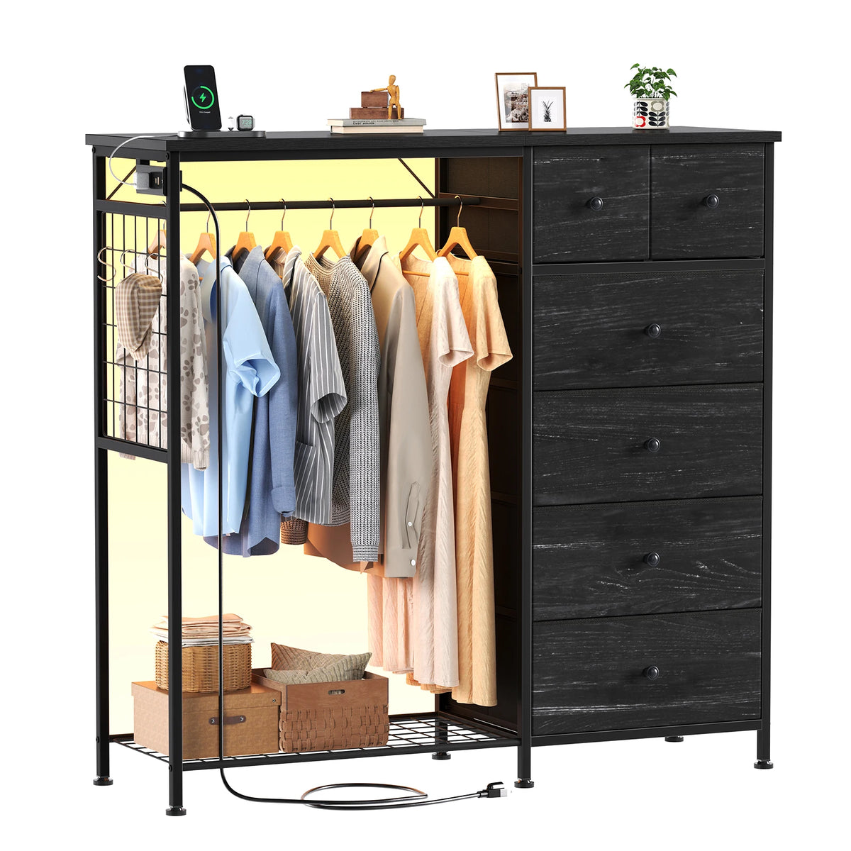 JHK Fabric Dresser With Rack Charging Station And LED Lights