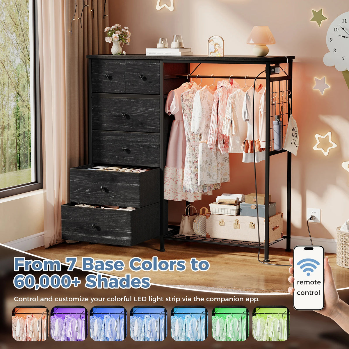 JHK Fabric Dresser With Rack Charging Station And LED Lights