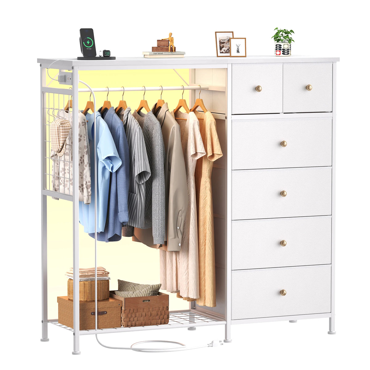 JHK Fabric Dresser With Rack Charging Station And LED Lights