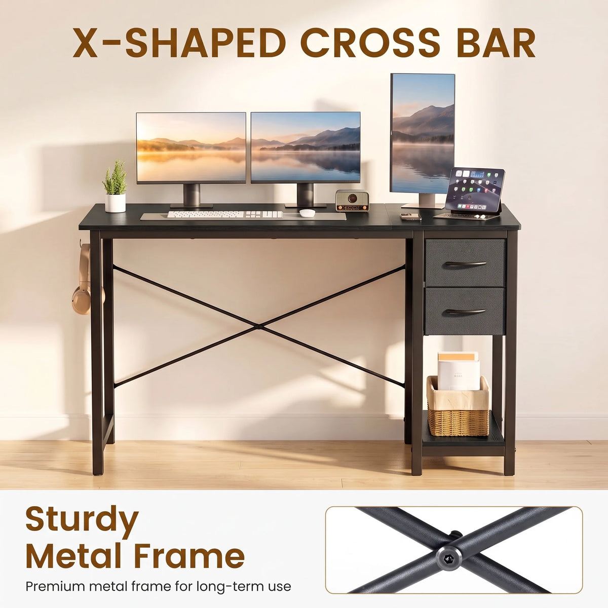 MCQ Standing Office Desk With Drawers, Storage And Side Hook