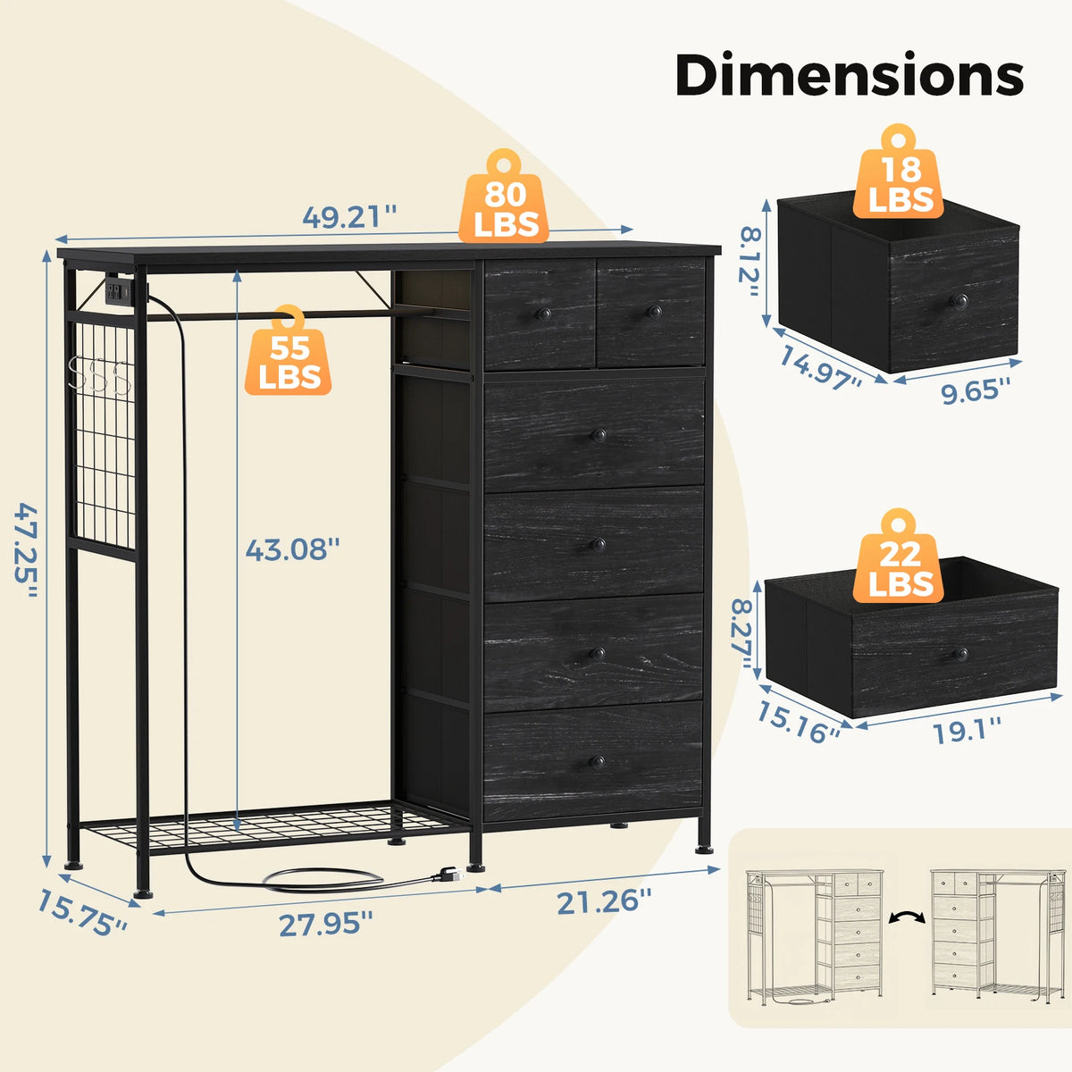 JHK Fabric Dresser With Rack Charging Station And LED Lights
