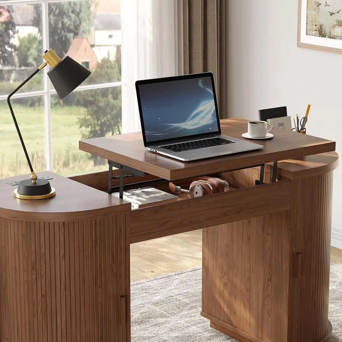 Onbrill Lift Top Office Desk With Usb Ports And Storage