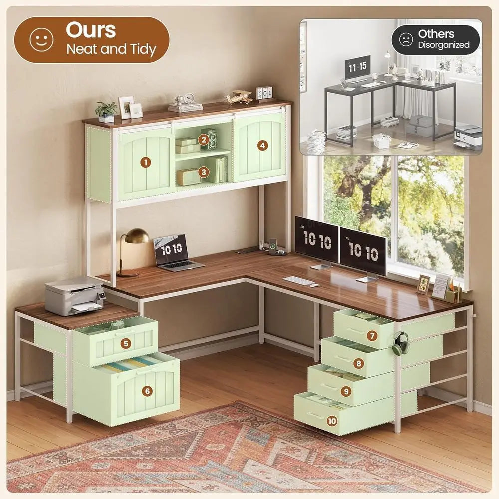 L Shaped Metal Reversible Computer Desk With Power Outlet