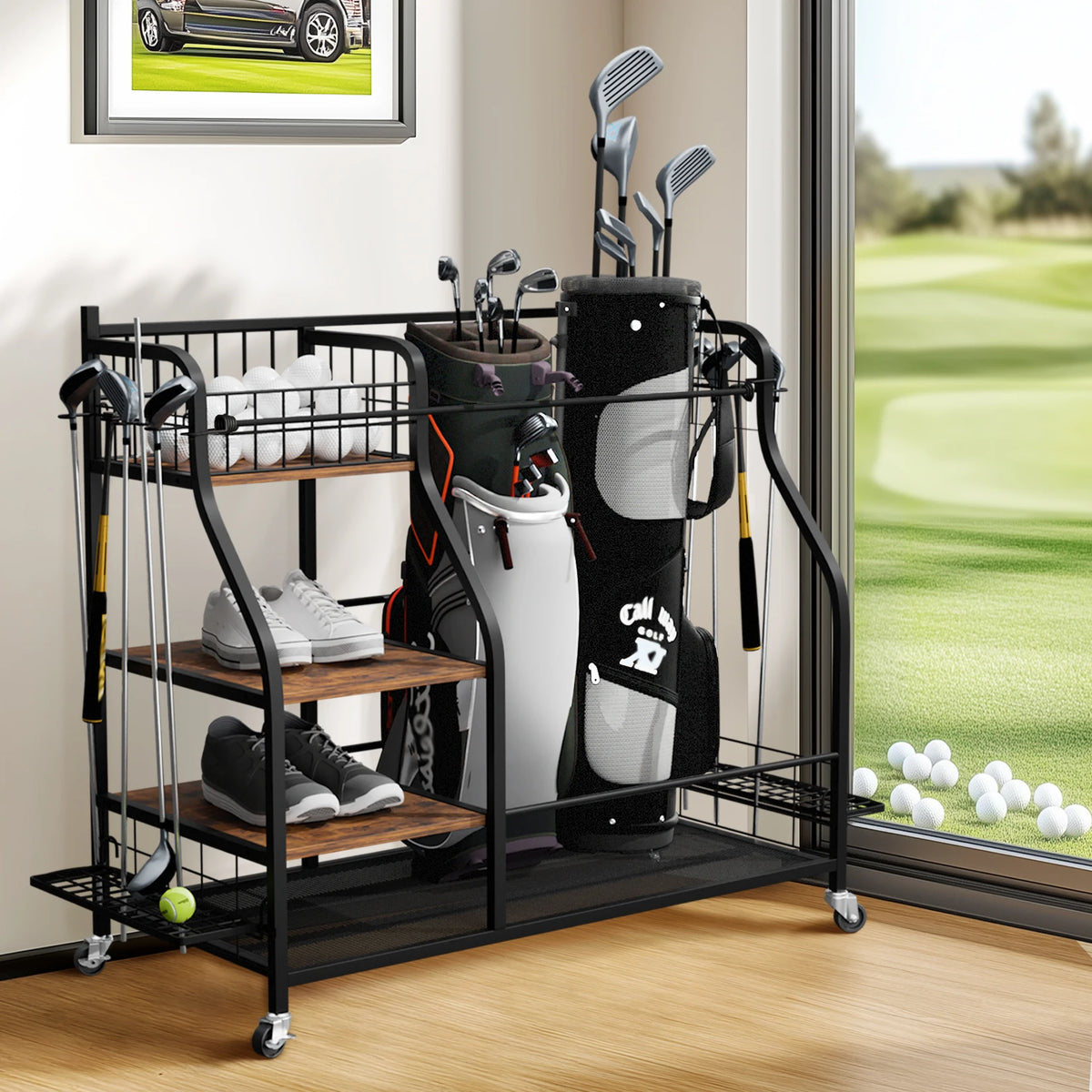 Rolling Metal Golf Bag Storage Organizer Rack with Rotatable Wheels