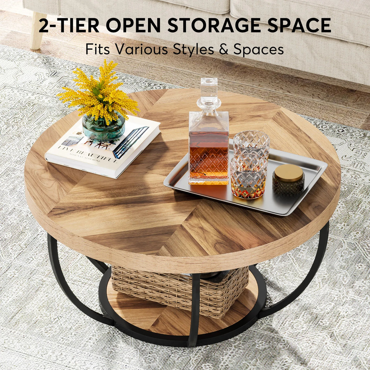 Tribesigns Round Industrial Coffee Table With Two Tier Storage Shelves