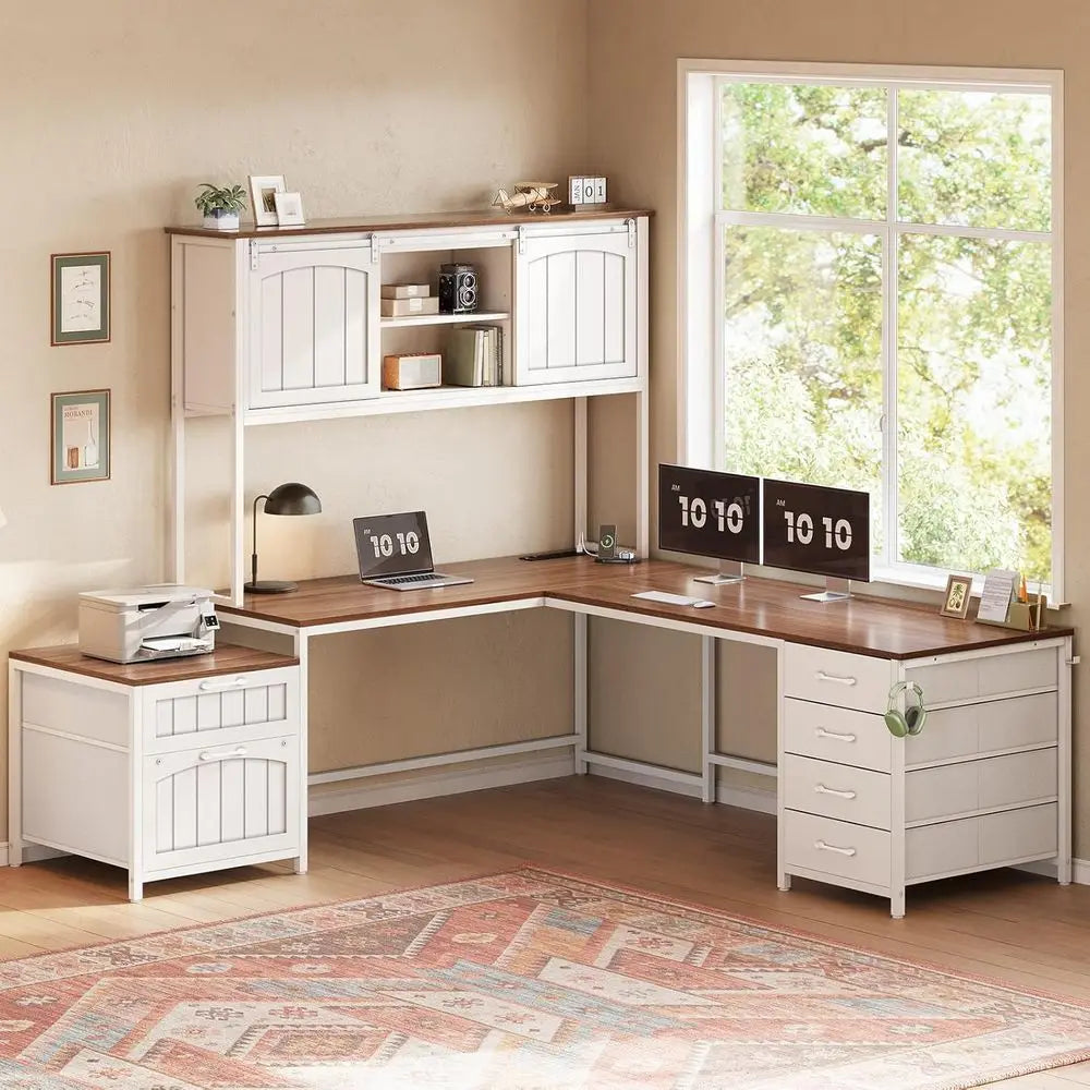 L Shaped Metal Reversible Computer Desk With Power Outlet
