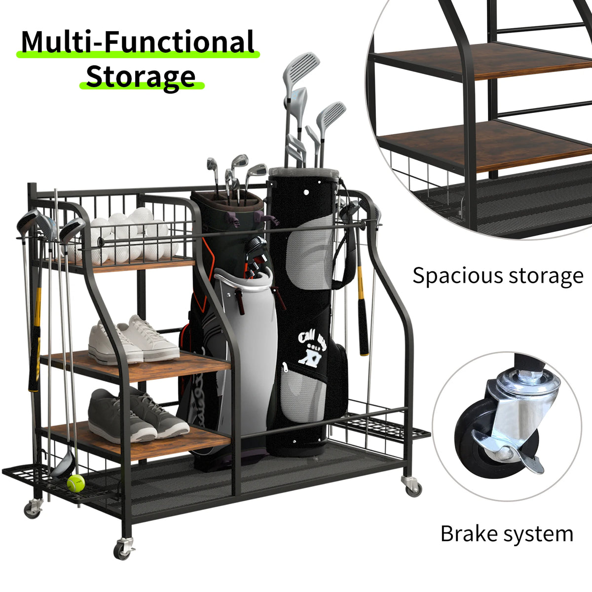 Rolling Metal Golf Bag Storage Organizer Rack with Rotatable Wheels